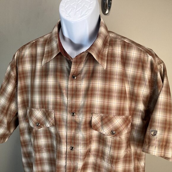 KUHL Men's tan and orange plaid snap button short sleeve shirt XL EUC - Picture 1 of 8